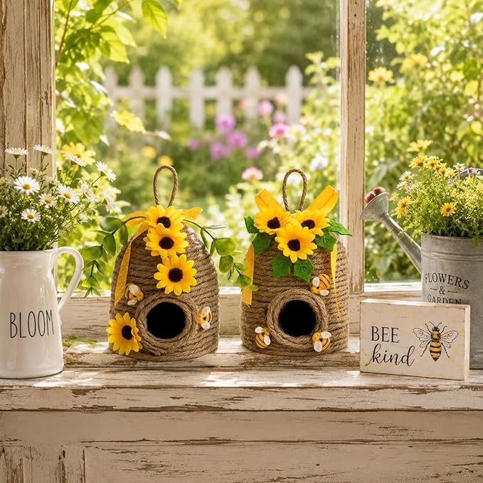 nuvagiki 2 Pack Bee Hive Decor, Farmhouse Bee Decorations with Sunflower, Rustic Bumble Bee Tiered Tray Decor for Kitchen Table, Spring Summer Home Decor