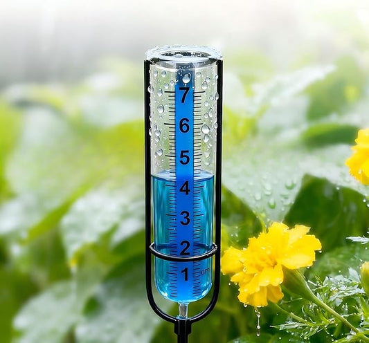 Rain Gauge Outdoor Plastic Garden: High-Contrast Blue Scale Read 20Ft, Shatterproof -30°F, Stable Stake Won't Tip, Easy Install for Lawn Yard Patio