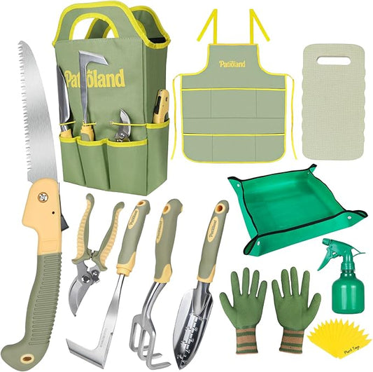 Garden Tool Set 26 Piece, Ergonomic Non-Slip Gardening Kit with Pruning Saw, Shovel, Rake, Weeder, Shears, Apron, Kneeling Pad, Repotting Mat & Tote Bag, Perfect Gardening Gift for Gardener, Green