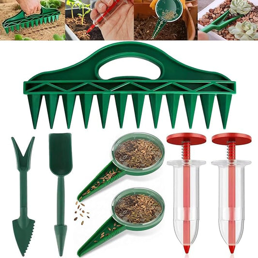 12-Hole Digger Seed Spreader,7 Piece Sowing Seeds Dispenser Set,Mini Seed Dispenser for Small Seeds, Handheld Seed Planter Tool Seed Dibber Multifunctional Spacer Gardening Tools (Green)
