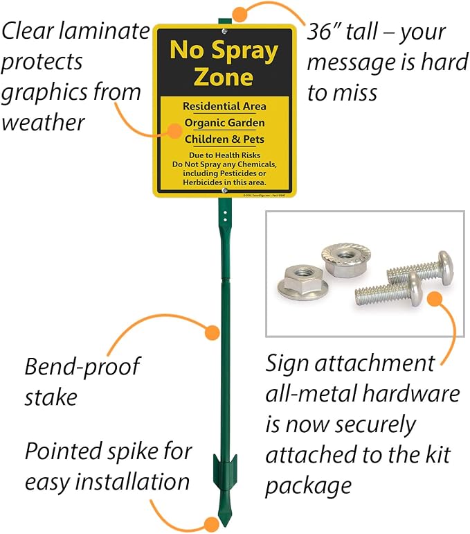 SmartSign 12" x 10" 'No Spray Zone Residential Area, Organic Garden, Children And Pets' LawnBoss Yard Sign with 3 ft Stake, 40 mil Laminated Aluminum, Black/Yellow, Set of 1
