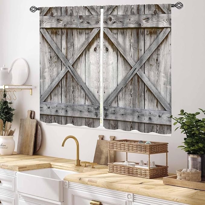 Rustic Wooden Curtains for Kitchen, Farmhouse Gray Barn Door Country Cottage Western Barnwood Garage Small Short Window Drapery Treatments for Living Room Bedroom Cafe, 55x39 Inch