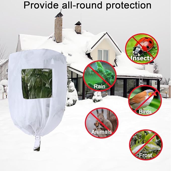 CMINGJ Plant Frost Protection Covers with Viewing Window, 31.5" x 47.2", 2.06oz/yd², Reusable Drawstring Tree Cover, Winter Tree Blanket with Zipper for Plants, Frost Protection Cloth (4 Pack)