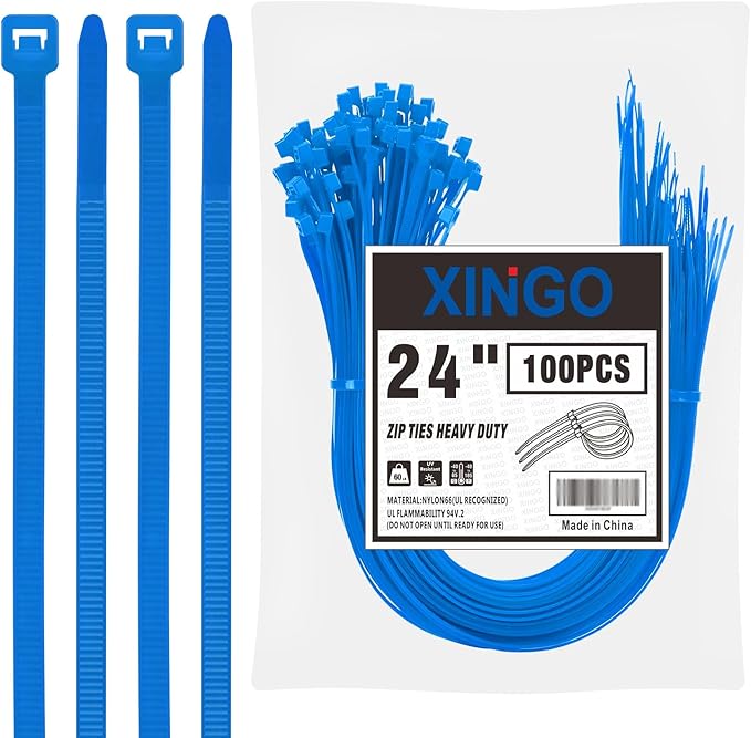 XINGO 24 inch Blue Zip Ties Heavy Duty (100 Pack), 60lb Tensile Strength, UV Resistant Cable Ties for indoor and outdoor use