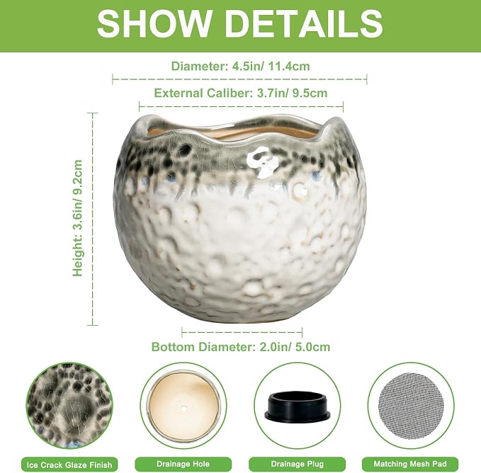Ceramic Plant Pots 4 Inch - Small Ceramic Planter with Drainage Hole and Plug, Modern Unique Pots for Plants Indoor Outdoor, Decorative Round Planter, Home Decor, Garde Gifts, Beige-Grey