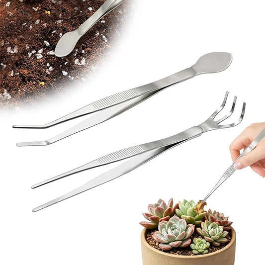 2 PCS Stainless Steel Garden Tweezers Set 2-in-1 Long Plant Tweezers Gardening Tools with 8.9" Curved Tine & 8.7" Straight Rake for Plants, Lawn, Bonsai, Succulents