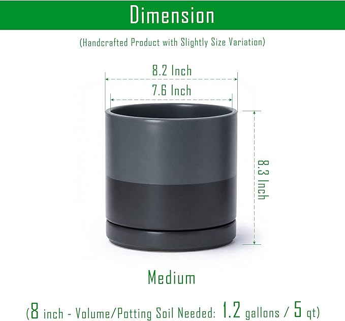 D'vine Dev 8 Inch Ceramic Planter Pot with Drainage Hole and Saucer, Indoor Cylinder Round Planter Pot, Slate, 94-O-D-5