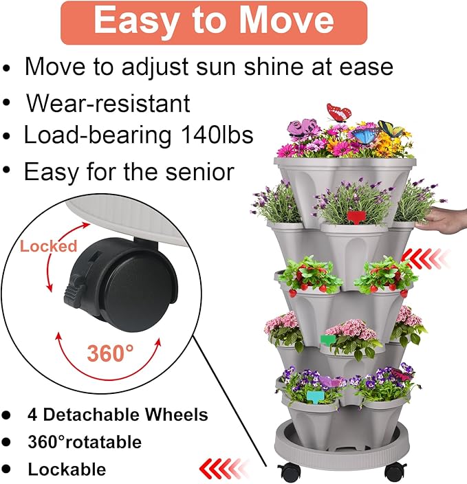 DUNCHATY Stackable Planter, Vertical Garden Planter with Wheels and Tools, Self Watering Strawberry Planter Indoor/Outdoor 3 Tier Herb Planter Pots for Growing Vegetables and Succulents,Gray