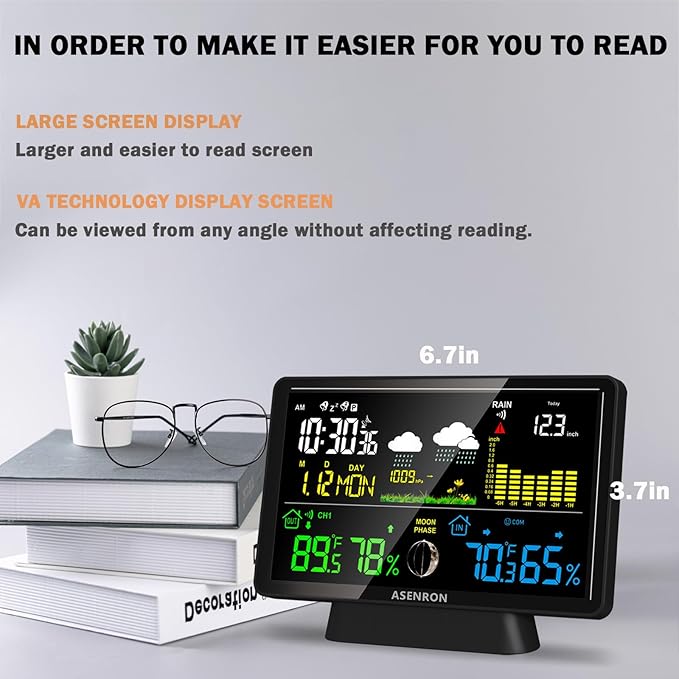 Weather Station with Rain Gauge, Home Weather Stations Wireless Indoor Outdoor with Rain Gauge, Thermometer, Barometric Pressure, Humidity Monitor, Atomic Clock, Digital Weather Forecast and Alerts