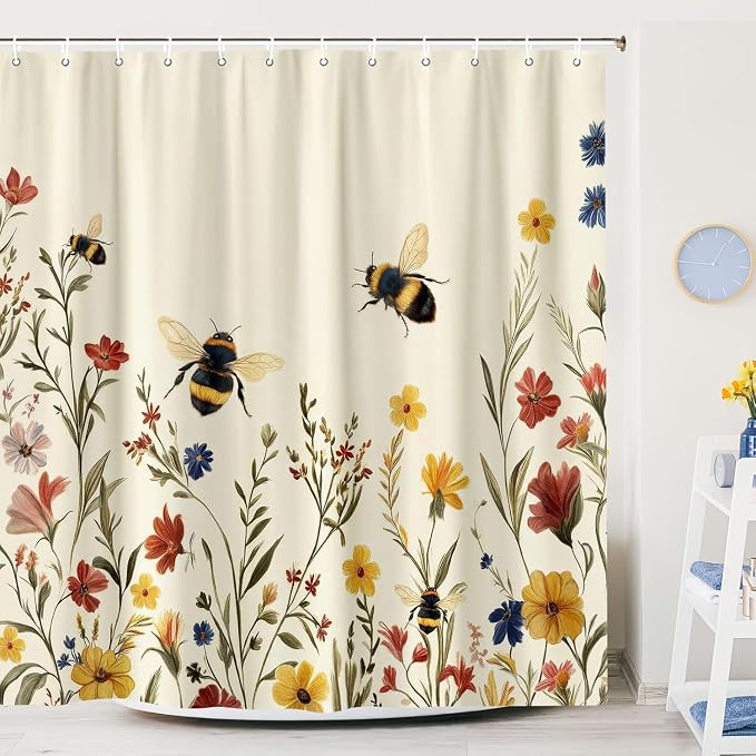 Rustic Boho Floral Bee Shower Curtain, Vintage Chic Bee Botanical Floral Farmhouse Cottagecore Aesthetic Shower Curtain Set with Hook, Nature Garden Plant Shower Curtain for Bathroom 60X72 Beige