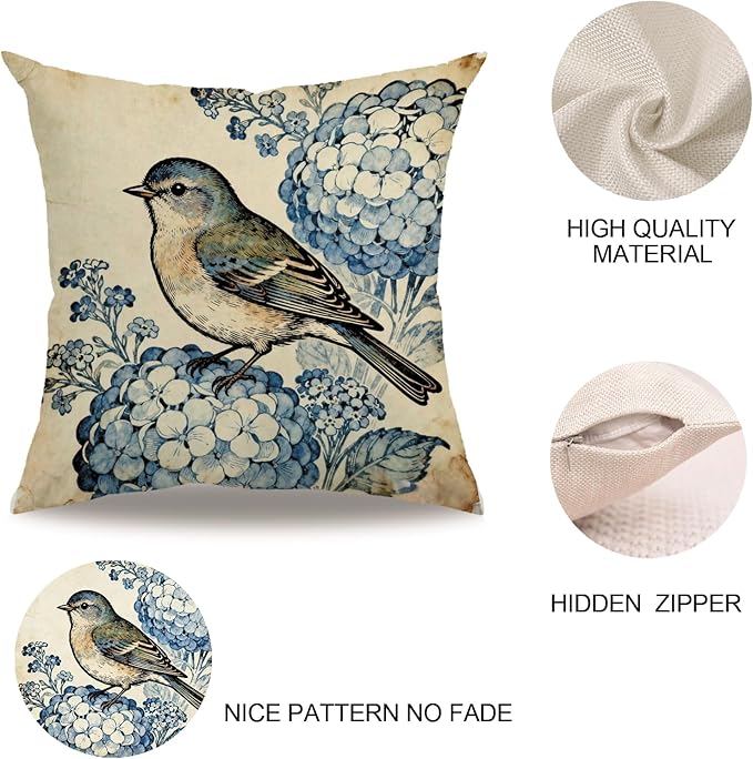Vintage Floral Animals Pillow Covers 18x18 Inch 4 Pack, Butterfly Bird Bee Dragonfly Rustic Cottagecore Cushion Cases, Farmhouse Retro Flower Home Decor Pillow Cases for Sofa Bedroom Decor (Navy Blue)