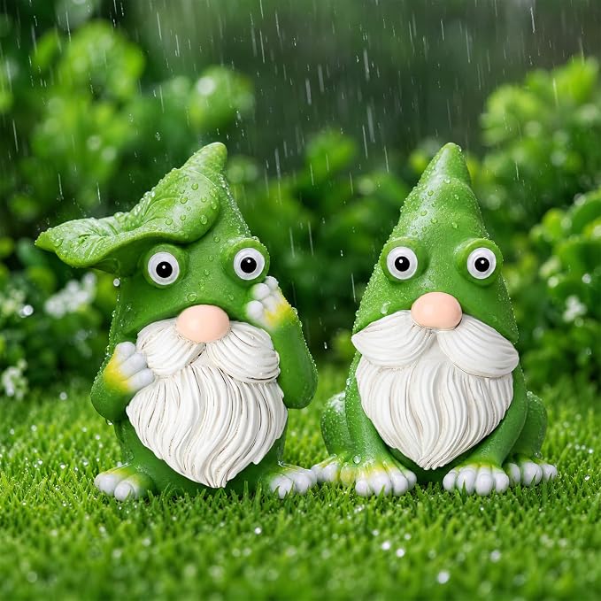 2 Pack Frog Gnome Statue, Outdoor Garden Gnomes Figurine, Spring Summer Theme Green Knome Garden Decoration for Outside Yard Lawn Patio Porch Home Desk Decor