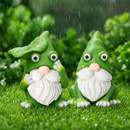 2 Pack Frog Gnome Statue, Outdoor Garden Gnomes Figurine, Spring Summer Theme Green Knome Garden Decoration for Outside Yard Lawn Patio Porch Home Desk Decor