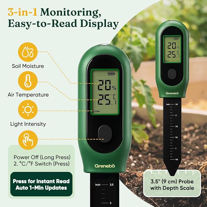 Grenebo 3-in-1 Soil Moisture Meter, Digital Plant Water Meter, Temperature & Sunlight Intensity Sensor, LCD Display Soil Tester for Gardening, Farming, Plant Care, Indoor & Outdoor Plants（Green）