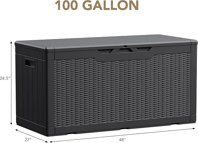 Devoko 100 Gallon Waterproof Large Resin Deck Box Indoor Outdoor Lockable Storage Container for Patio Furniture Cushions Garden Tools (100 Gallon, Black)