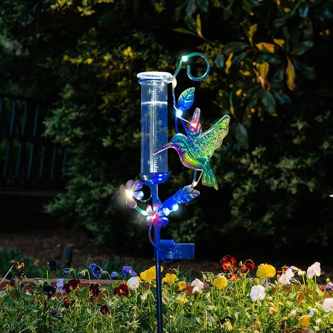Hummingbird Rain Gauge with 5 Inch Glass Tube, Solar Rain Gauge with LED Lights Rain Water Gauge Decor for Patio, Garden Yard, Measuring Precipitation