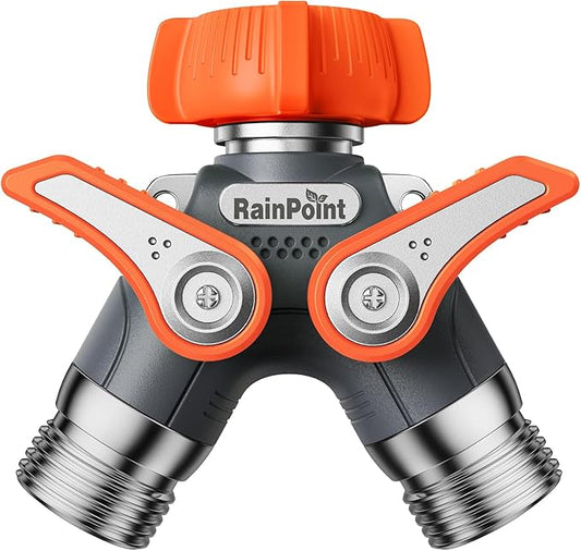 RAINPOINT Garden Hose Splitter 2 Way Heavy Duty, Water Hose Y Spigot Splitter with Shutoff Valves,100% Metal Body Water Hose Connector with Shut-Off Valve, 1.9" Metal Handle, 3/4" GHT Thread(Orange)