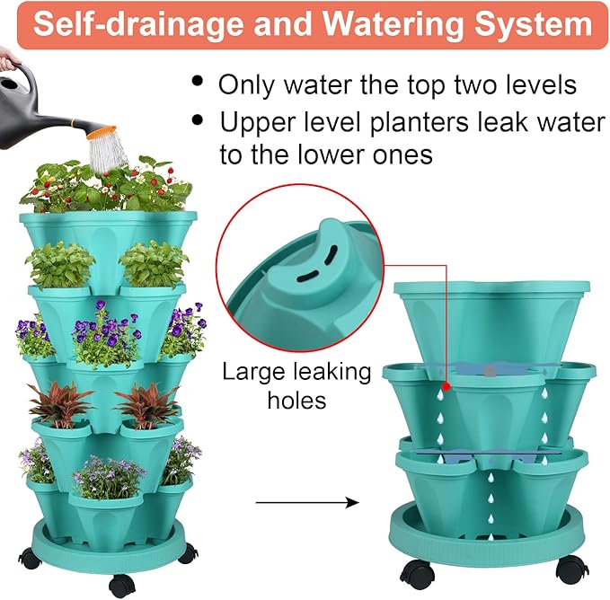 GameXcel Vertical Planter Tower - 5 Tier Stackable Garden Planters with Wheels and Tools Plant Pots for Strawberry Herb Flower and Vegetable Indoor Outdoor Use Teal 2 Pack