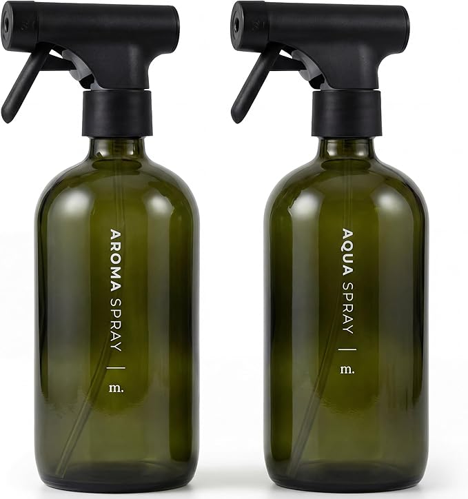 MAISONOVO Dark Green Glass Spray Bottle 16 oz Pack of 2 - Dark Green Spray Bottle for Plants with Fortified Glass & Fine Mist - Ideal for Gardening, Misting, Seedlings & Indoor Plant Care - 16 Labels