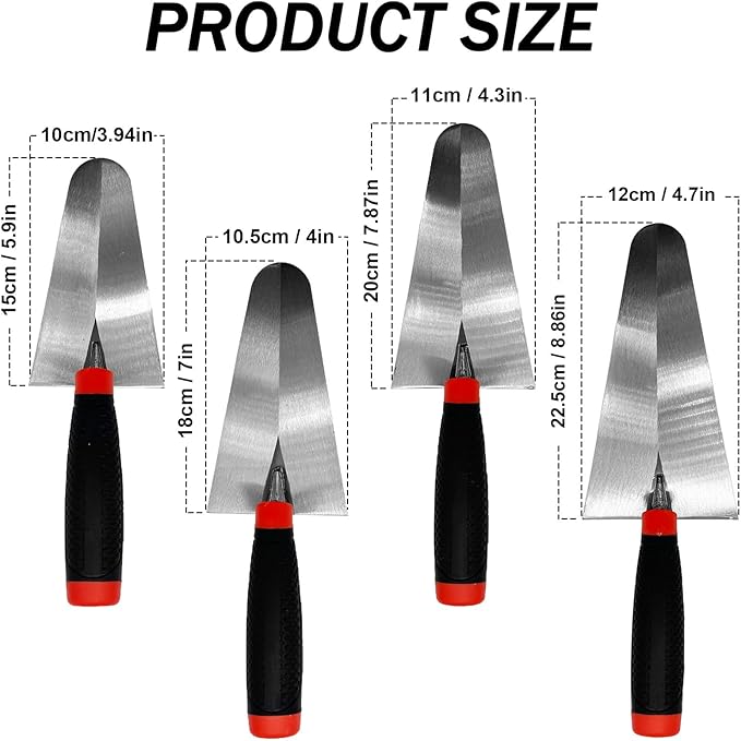 Bricklaying Trowel 4pcs Set, 5.9" 7" 7.87" 8.86'' Masonry Margin Gauging Trowel with Slip-resistant Handles, Brick Tool Set for Brickwork, Stonework, Masonry (Black-D Set)