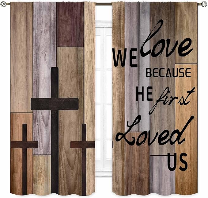 Farmhouse Wooden Curtains, Rustic Brown Wood Board Bible Verse Cross Country Cottage Western Barnwood Garage Old Plank Drapes Window Curtains for Living Room Bedroom Kitchen 2 Panels, 42"x63" Inch