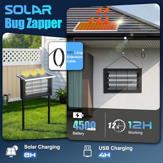 Solar Bug Zapper Outdoor, Upgrade 3-Tube 4500V Electric Mosquito Zapper, IPX6 Waterproof, Auto On/Off Rechargeable Electric Fly Insect Trap for Patio Yard Garden Camping RV