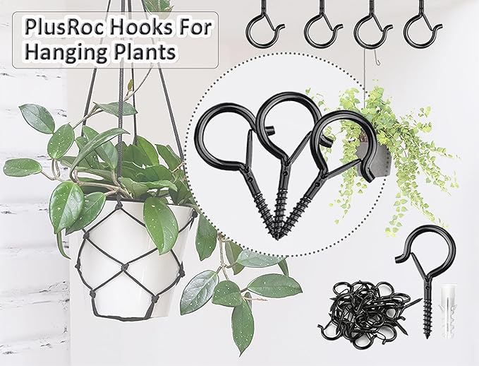 PlusRoc 20 Pack Outdoor Screw Hooks for Hanging Plants String Lights Heavy Duty, 2.2 Inch Eye Hook Screw in Cup Hooks Q-Hanger for Patio Lights, Ceiling Wall Wood Fence Deck Mount(Black)