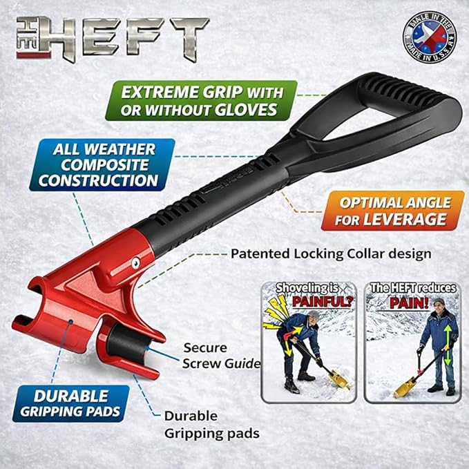 The HEFT Plus Secondary Back Saver Handle for Snow Shovels and Garden Tools as seen on Dragon's Den (Canada Shark Tank) (1 ct, Standard)