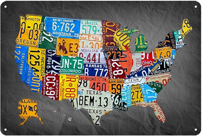 RESKEA Funny Metal Tin Sign Vintage USA Map License Plate Sign Garage Decor 8x12 Inches Multicolor Retro Humorous Wall Art