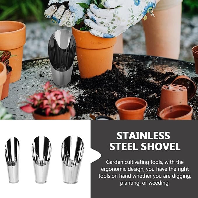 Yardwe 3Pcs Stainless Steel Soil Scoop Set for Gardening Bonsai Planting Fertilizer Potting Soil Shovel Cups