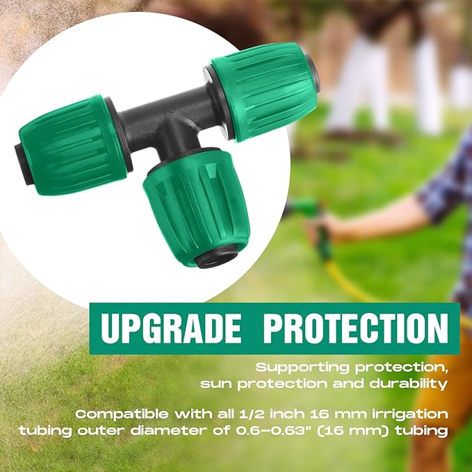 Pushglossy 32 Pcs 1/2" Tubing Irrigation Fittings Kit 1/2" ID x 0.6-0.63" OD 16 mm Drip Irrigation Barbed Connectors 4 Switch Valves, 8 Tees, 8 Couplings, 4 Elbows, 4 Ends, 4 Adapters (Green)