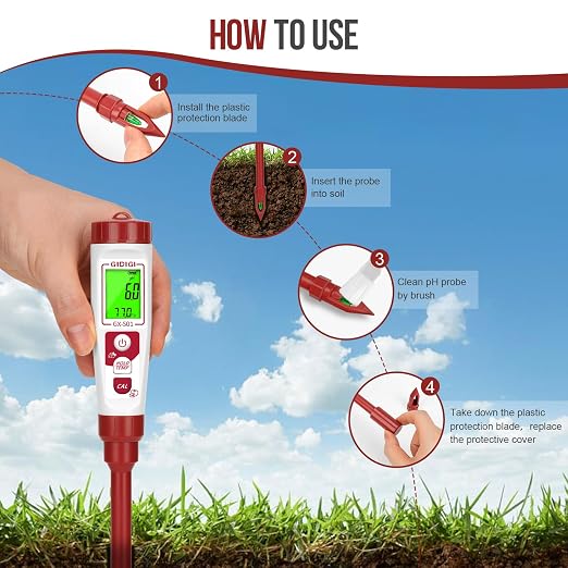 High Accuracy Digital pH Meter with Thermometer | For Soil, Garden, Water, Plants, Solution and Food, LCD Display, Calibration Powder Included, Plastic Protective Cap