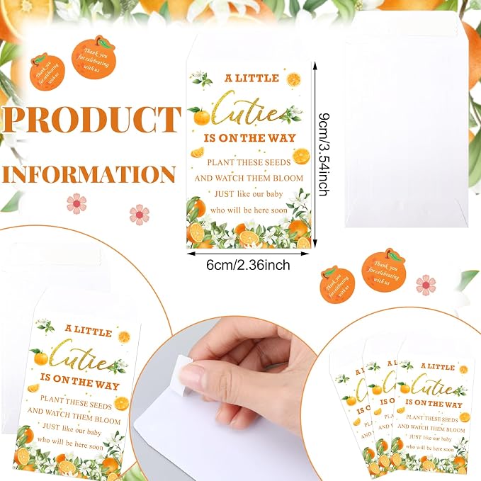 Ctosree 50 Sets Cutie Baby Shower Party Favors for Guests A Little Cutie Is on The Way Seed Packets Include Self Adhesive Seed Packets Flowerpot Thank You Tags Organza Bags for Orange Baby Shower