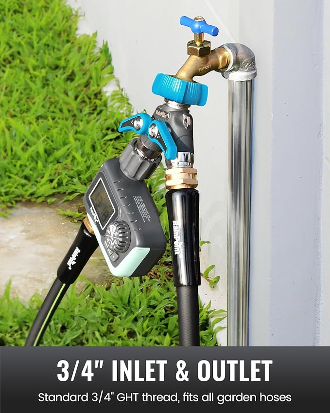 RAINPOINT Garden Hose Splitter, 2 Way Heavy Duty Water Hose Y Spigot Splitter with Shutoff Valves, 100% Metal Body Outdoor Faucet Splitter, 1.9" Extra Long Metal Handle, 3/4" GHT Thread (2, Green)