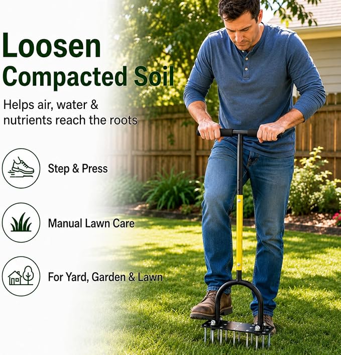 Manual Lawn Aerator Tool with 15 Spikes, 32"-35" Adjustable T-Handle,15-Spike Grass Aerator for Yard Care