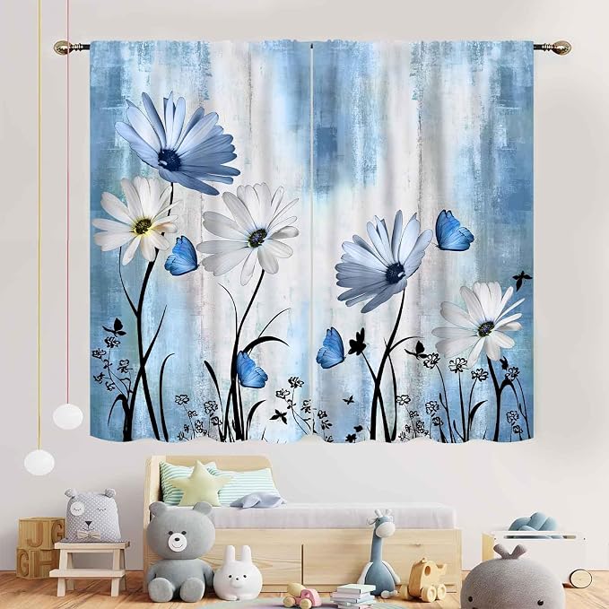 Blue White Daisy Curtains, Farmhouse Modern Flower Retro Floral Spring Butterfly Rural Country Style Window Curtains for Living Room Bedroom Kitchen Bathroom 2 Panels, 84"x84" Inch