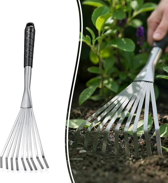 Colwelt Hand Rake 16.5", Small Rake for Gardening with 9 Resilient Flat Tines, Metal Mini Rake with Hanging Hole for Storage, Hand Fan Rake for Leaves, Loosening Soil, Spreading Mulch, Flower Beds