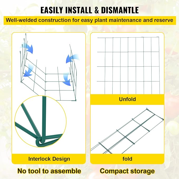 VEVOR Tomato Cages, 14.6" x 14.6" x 39.4", 6 Packs Square Plant Support Cages, Green PVC-Coated Steel Tomato Towers for Climbing Vegetables, Plants, Flowers, Fruits