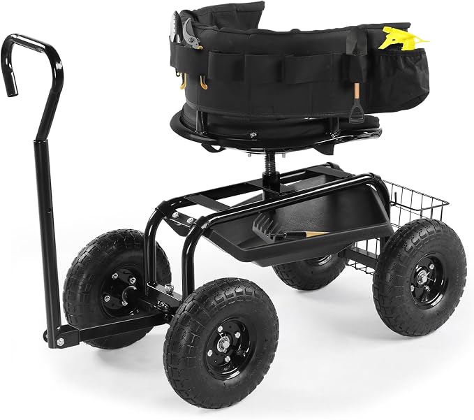 Black Garden Cart Garden Stool on Wheels - Rolling Gardening Seat, Swivel Seat, Rolling Garden Seat with Wheels, Outdoor Garden Cart, Gardening Stool Wagon Scooter, Lawn, Patio Gardening Workseat