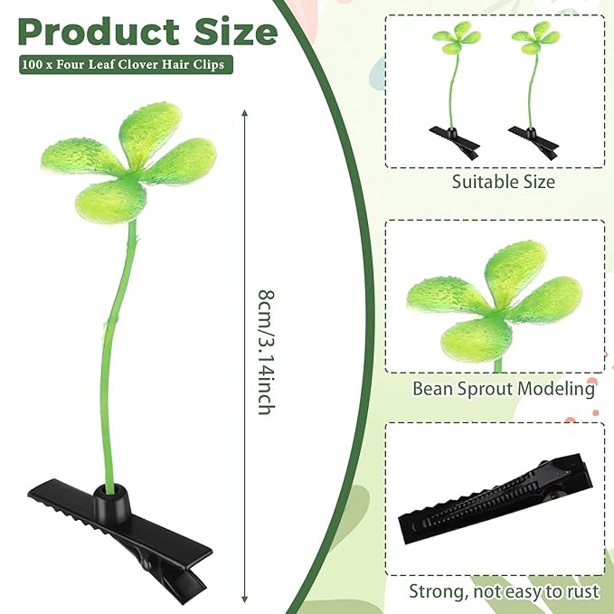 Tigeen 100 Pieces Bean Sprout Hair Clip Funny Plant Hairpins Grass Flower Butterfly Mushroom Hair Accessories (Four Leaf Clover)