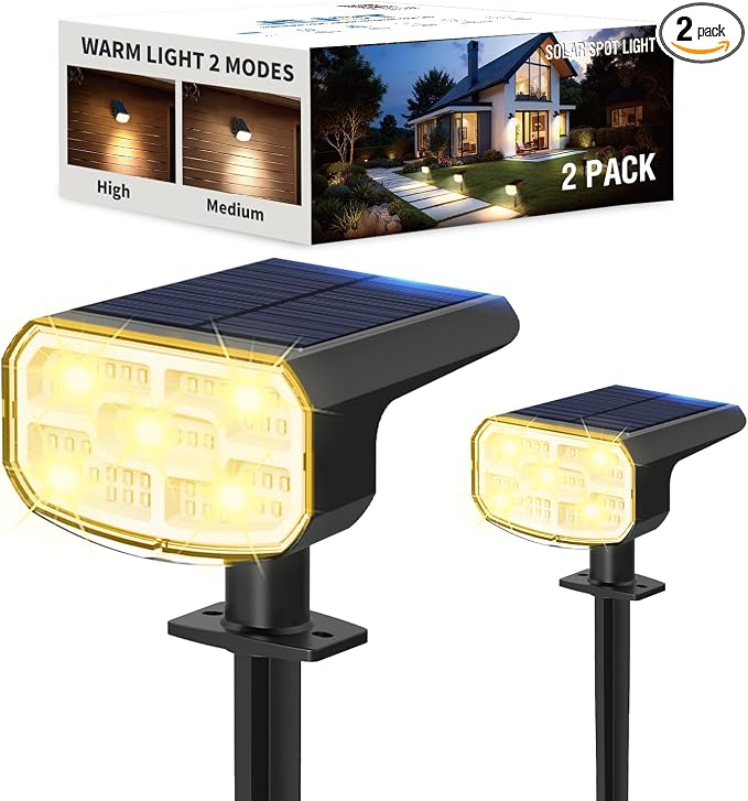 JEJOT Solar Lights Outdoor Waterproof IP65, Super Bright LED, 3000K 2 Lighting Modes, Solar Powered Yard Garden Solar Spot Lights for Outside Landscape Auto On/Off -2 Pack
