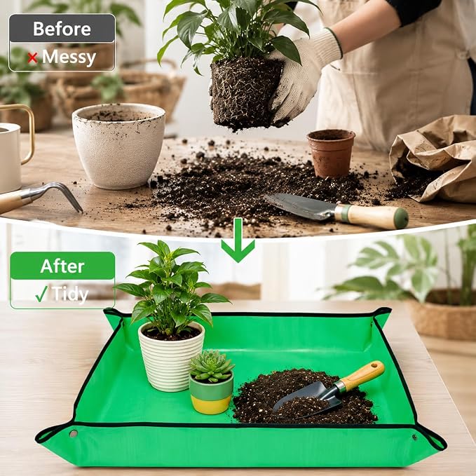 VinYankee Repotting Mat for Potting Soil Mess Control, 26.8" x 26.8" Waterproof Plant Potting Mat, Succulent Orchid Potting Tray for Plant Pots, Gardening Gifts Bonsai Tools