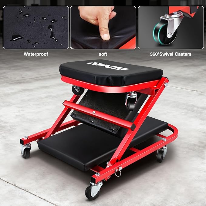 ‎DNA MOTORING TOOLS-00186 40 Inches 2 IN 1 Rolling Folding Car Creeper/Seat, 6 Pcs 2" Casters, 150kg Weight Capacity, Red