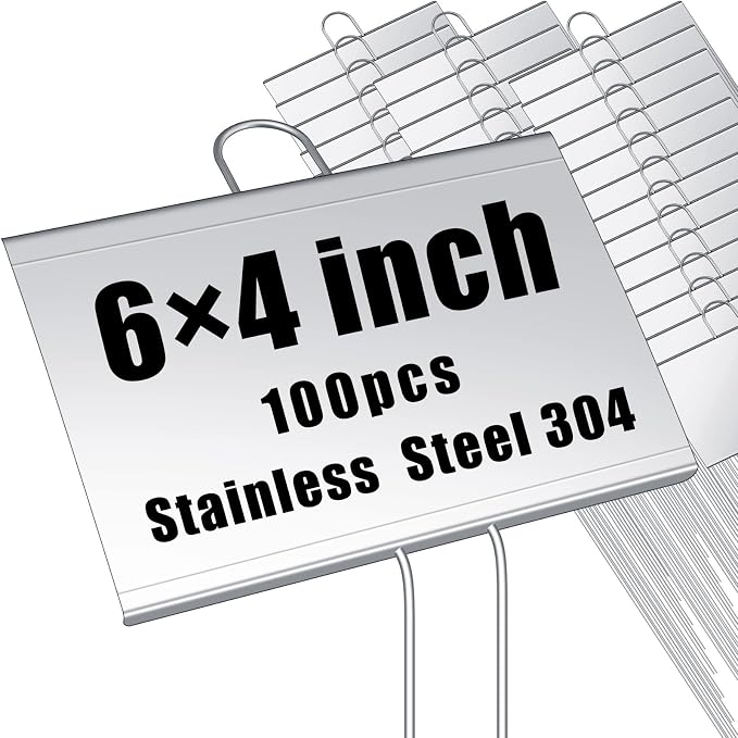 Landhoow 100 Pcs Large Garden Plant Markers Metal Plant Labels Sign 6'' x 4'' with 11'' Stake Weatherproof Waterproof Garden Sign for Outdoor Seedlings Herbs Vegetable Greenhouse, Silver