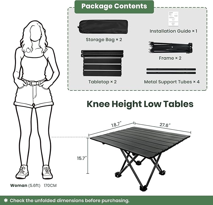 2 Pack Portable Camping Table Foldable, Ultralight Small Folding Beach Table with Carry Bag for Outdoor Travel, Beach, Camp, Picnic, BBQ, Cooking, Festival, Boat, Home Use (Black-L)