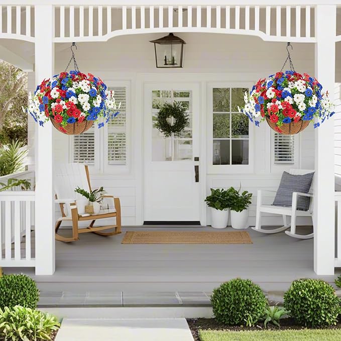Hananona 2 Set Artificial Outdoor Flowers with Hanging Basket, 2 Hanging Planters with 24 Pcs Patriotic Flowers for Summer Front Porch Patio 4th of July Decor (Red, White, Blue)