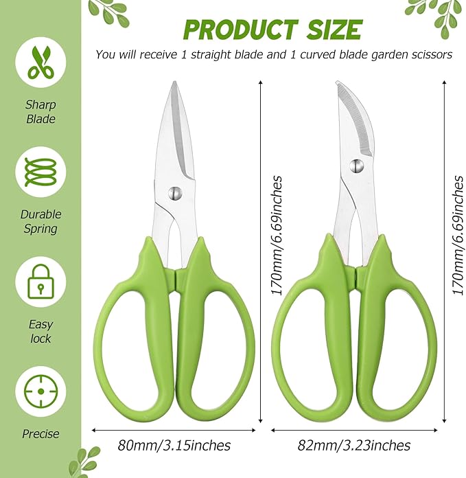 2 Pcs Garden Scissors Shears Trimming Scissors Pruning Floral Shears for Herb Flowers Plants with Straight and Curved Blade for Gardening (Curved,Straght)
