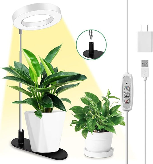 LORDEM Plant Grow Light, Full Spectrum Halo Desk Light, Height Adjustable 7.8"-26", LED Growing Lamp, Automatic Timer 4H/8H/12H, 4 Level Dimmable, Ideal for Indoor Plants, White, 1 Pack