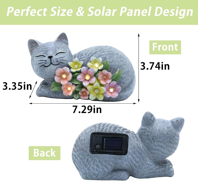 Solar Cat Garden Statue, Resin Solar Cat Lights with Flower for Outside, Outdoor Cats Statues for Lawn Porch Yard Art - Birthday Gifts for Mom Grandma Women