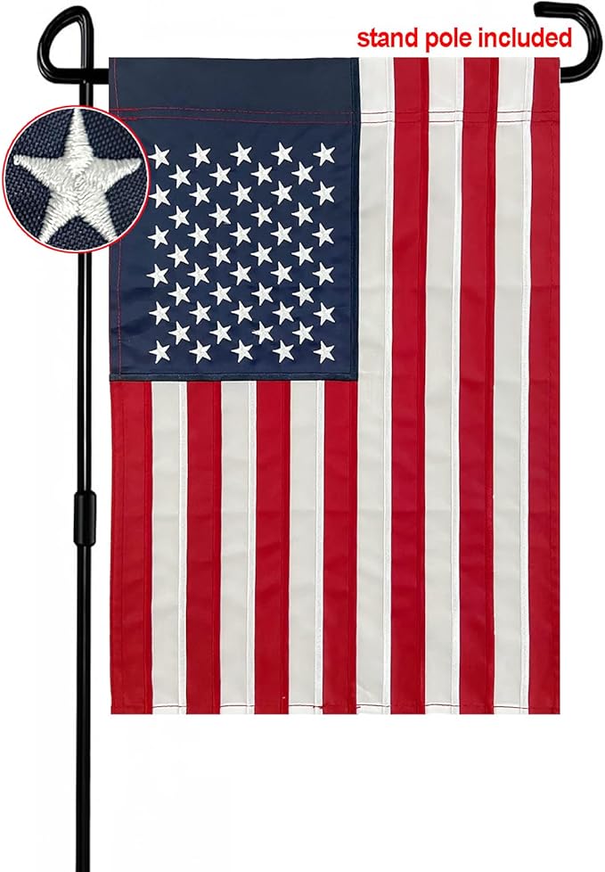 Bradford Embroidered American Garden Flag with Stand Holder, 12x18 inch American USA Garden Flag for Outside Yard Heavy Duty